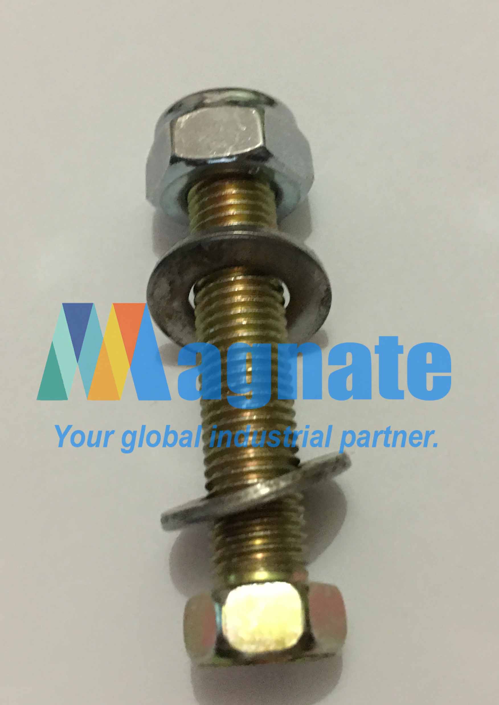 Yellow Zinc Hex Bolt With Lock Nut & Flat Washer M10 x 50